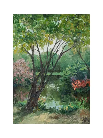 Garden painting 12x8,5" Pond Landscape ORIGINAL ART Impressionist Fine Art Signed by artist Marina Chuchko $195.00