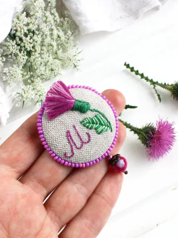 Handmade Scottish thistle brooch personalized Tiny pink custom letter pin Summer botanical linen textile cloth jewelry $35.00