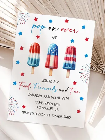 4th of July Invitation, Independence Day party Invite, Popsicles Pop on Over Invitation, Patriotic Party Invitation, Editable Canva Template $7.00