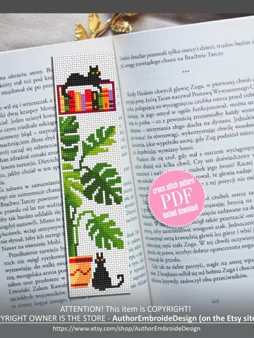 Bookmark cross stitch pattern digital PDF Modern handmade bookmark Cute cat embroidery beginners Instant download Plant cross stitch #B8 $4.40
