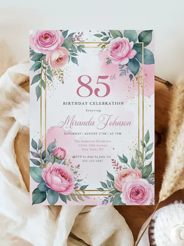 85th Birthday Invitation for Women – Pastel Dusty Pink Floral & Gold, Elegant Printable Party Invite for Grandma or Mom, Canva Template $7.00
