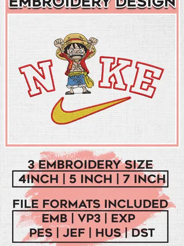 One Piece Nike, Monkey D. Luffy Nike Embroidery Files, Nike Embroidery, Anime Inspired Embroidery Design EMB_ANIME_206 $6.99