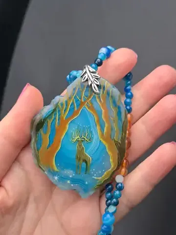 Deer necklace Agate necklace Real oil painting of deer Lacquer miniature $100.00