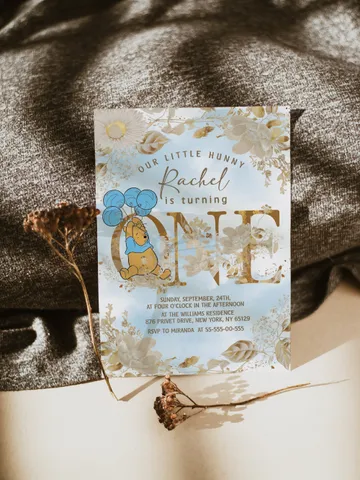 Winnie the Pooh Inspired First Birthday; Classic Winnie Pooh Invitations; Neutral Winnie Pooh Turning One; Winnie Pooh Birthday Party $12.78