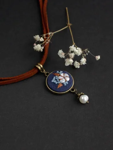 Dainty blue white cotton flower necklace Thin brown suede choker with pearl for 2nd anniversary Handmade Ukrainian jewelry