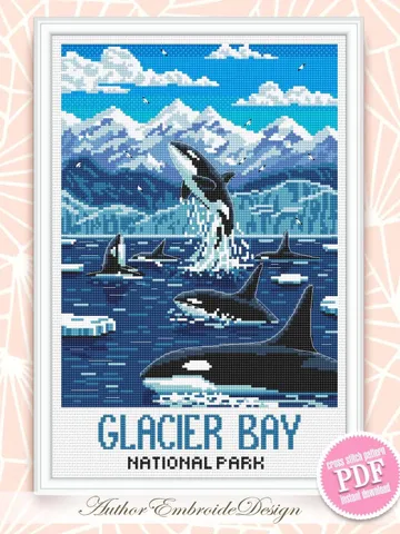 Glacier Bay National Park cross stitch pattern PDF download Killer whale cross stitch chart, Splashing Orcas in Alaska, Travel poster #L102 $4.90