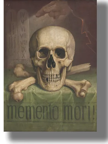 Dark still life with skull and crossbones. Grim art reproduction. $21.00