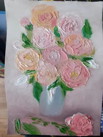 Oil Painting Bouquet of Tea Roses In a Vase Roses Flowers Nature Canvas 12x8 Inches Unframed Wall Decor 3D Image Impasto New $83.00