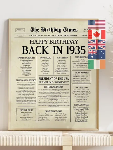 90th Birthday Newspaper Poster, Born in 1935, 1935 Birthday Sign, 90 Years Ago, Back in 1935, Printable 90th Birthday Decor $7.00