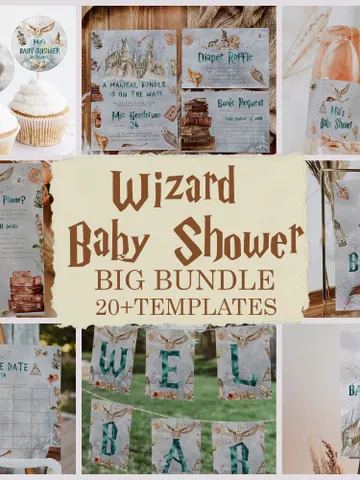 Wizard Baby Shower Bundle Template; Editable Winter Christmas Wizarding World Baby Shower; Winter Magic School Christmas Baby Shower; ms7 $46.00