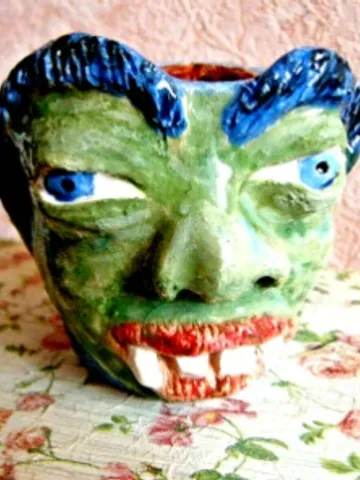 Ceramic Mug Art Face Elf Devil Handmade Stoneware Clay Pottery Glazed Vase $100.00
