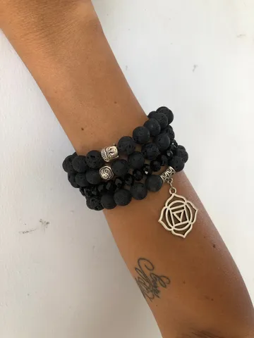 Set of Four Lava and Crystal Black Handmade Bracelet | Woman Bracelet Set | Lava Carka Buddha Ying Yang Spiritual Bali Oil Diffuser Jewerly