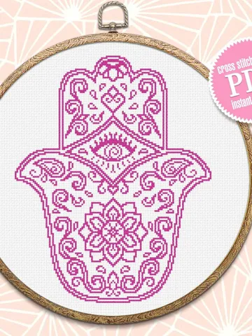 Hamsa hand cross stitch pattern download PDF, Easy mandala pattern PDF, Hand of Fatima cross stitch, Evil eye hamsa beginner stitch #M18 $4.60