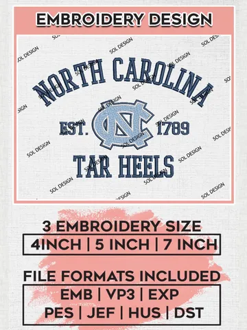 North Carolina Tar Heels Est 1789 Embroidery Designs, NCAA North Carolina Tar Heels Team Embroidery, NCAA Team Logo, 3 sizes, Machine embroidery Files, Digital Download $6.99