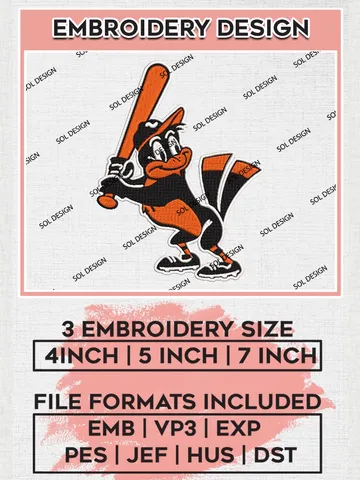 MLB Funny Baltimore Orioles Mascot Logo Machine Embroidery Files, MLB Baltimore Orioles Team Embroidery, MLB Teams, 3 sizes, MLB Machine embroidery designs, Digital Download $6.99