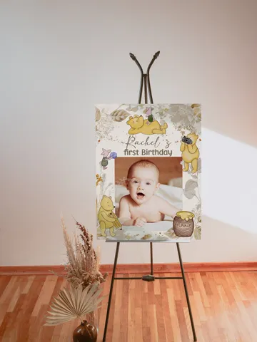 PhotoFrame Board Winnie the Pooh Birthday Party Winnie Pooh 1st Birthday; Editable Photo frame Banner Birthday Party Decoration Winnie flw12 $11.62