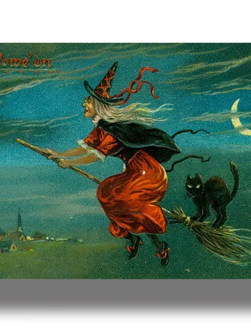 Halloween poster with a black cat and a witch on a broom. $21.00