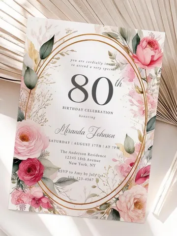 80th Birthday Invitation for Women – Blush Pink & Gold Floral, Elegant Printable Party Invite for Grandma or Mom, Digital Canva Template $7.00