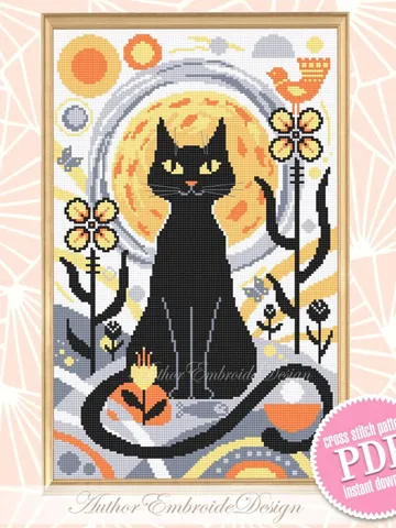 Boho cat cross stitch pattern PDF download Boho cross stitch chart, Abstract pattern digital PDF, Black cat embroidery, Boho wall decor #K23 $4.80