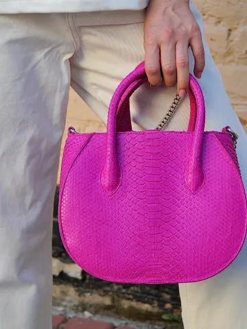 Genuine python skin top handle fuchsia bag | handmade designer bags | exotic leather bags | summer classy elegant bright colour leatherbag | $280.00