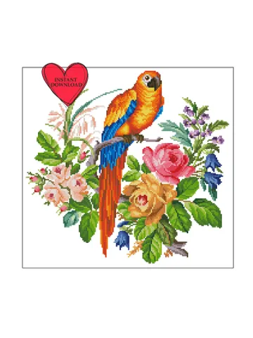 Vintage bird on flower branch cross stitch pattern retro antique sampler primitive bird flower embroidery pdf $4.87