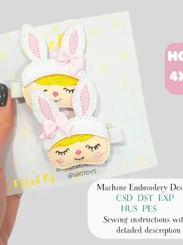ITH Baby Doll Face Hair Clip Embroidery Design & Tutorial, Felt Kawaii Hair Bow Pattern, 4x4 Hoop DIY Project File $5.00