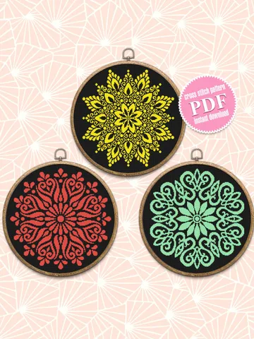 Mandala set cross stitch pattern PDF Flower mandala cross stitch chart, Monochrome mandala pattern digital download PDF Beginner stitch #S45 $11.20