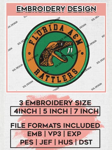 NCAA Florida A&M Rattlers Round Logo Embroidery, NCAA Florida A&M Rattlers Logo Embroidery files, NCAA Teams, Machine embroidery designs, Digital Download $6.99