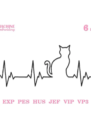 Cat heartbeat embroidery designs Machine embroidery pattern 6 size Embroidery files cat silhouette as outline embroidery Cat lover gift #R24 $3.45