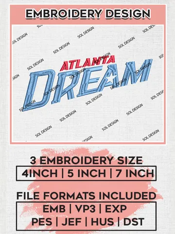 WNBA Atlanta Dream Basketball Team Embroidery Files, WNBA Atlanta Dream Team Embroidery Designs, WNBA Teams, 3 sizes, Machine embroidery designs, Digital Download $6.99