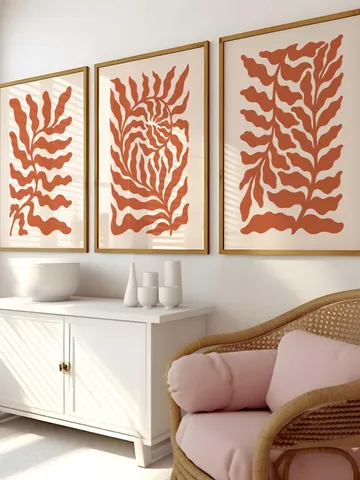 Terracotta Abstract Leaf Wall Art Set of 3 Prints Boho Botanical Poster Minimalist Neutral Home Decor Modern Printable Digital Download