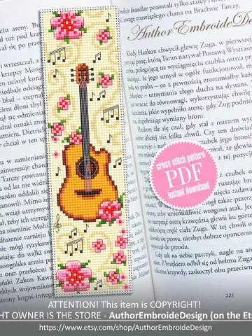 Music bookmark cross stitch pattern PDF download Acoustic guitar cross stitch chart, Flower bookmark pattern digital PDF Floral guitar #B408 $4.40