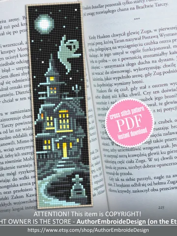 Halloween bookmark cross stitch pattern PDF download Haunted house cross stitch chart, Handmade bookmark pattern digital, Spooky ghost #B217 $4.40