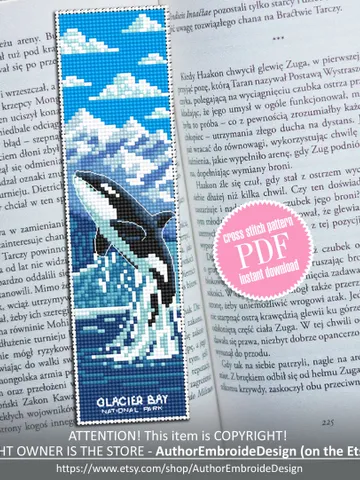 Ocean bookmark cross stitch pattern PDF download Killer whale cross stitch chart, Glacier bay national park bookmark pattern PDF, Orca #B183 $4.40