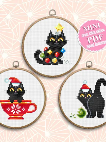 Set Christmas cats cross stitch pattern download PDF, Cute black cat embroidery PDF, Christmas cross stitch chart, Funny home cat decor #N77 $5.50