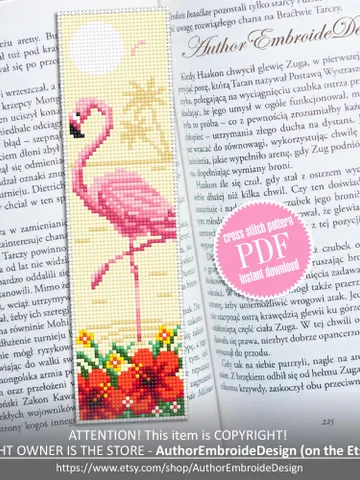 Flamingo bookmark cross stitch pattern PDF download Pink flamingo cross stitch chart, Nature bookmark pattern digital PDF, Pink bird #B441 $4.40