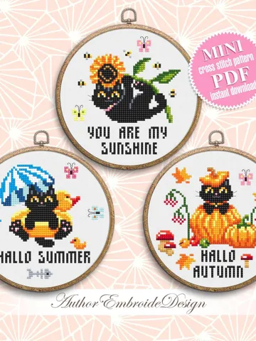 Set Black cat cross stitch pattern PDF download Cat holiday cards cross stitch chart, Small cat pattern digital PDF, Cat lover gift #K61 $5.00
