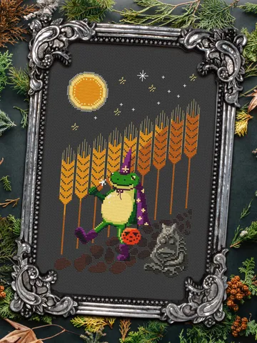 Motty Traveler Frog and Halloween Night of Miracles cross stitch pattern $7.00