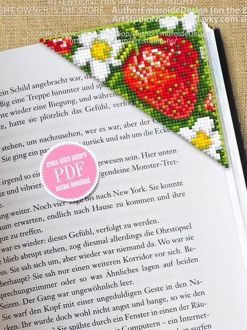 Corner bookmark cross stitch pattern PDF download Red berries cross stitch chart, Strawberry cross stitch, Digital bookmark fruit #B185 $4.10