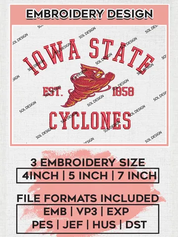 Iowa State Cyclones Est 1858 Logo Embroidery Designs, NCAA Iowa State Cyclones Team Embroidery, NCAA Team Logo, 3 sizes, Machine embroidery Files, Digital Download $6.99