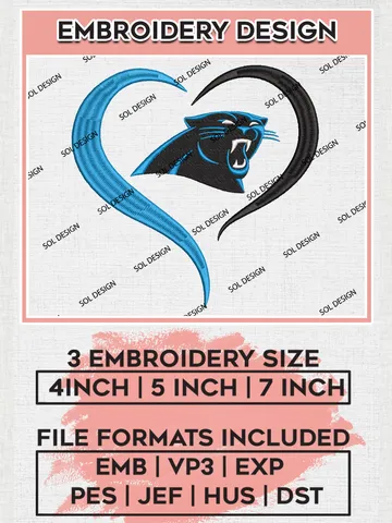 Carolina Panthers Heart Embroidery Designs, NFL Panthers, NFL Embroidery Designs, NFL Carolina Panthers Machine Embroidery Design, Digital Download $6.99