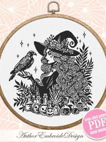 Halloween forest witch cross stitch pattern PDF download Halloween cross stitch chart monochrome, Gothic pattern digital PDF Black crow #H77 $5.50