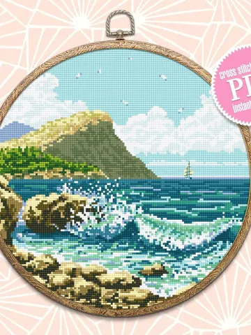 Sea landscape cross stitch pattern download PDF Ocean waves cross stitch chart Nature hand embroidery PDF Summer cross stitch sampler #L37 $4.60