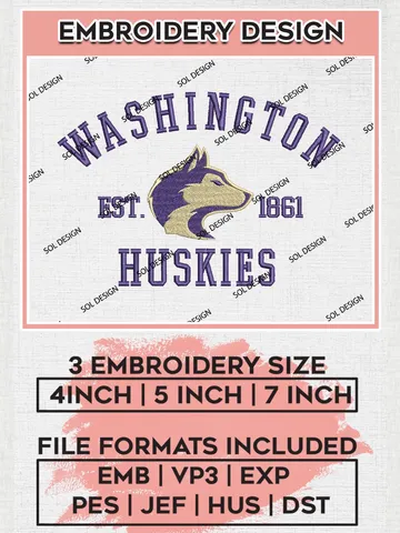 Washington Huskies Est 1861 Logo Embroidery Designs, NCAA Washington Huskies Team Embroidery, NCAA Team Logo, 3 sizes, Machine embroidery Files, Digital Download $6.99