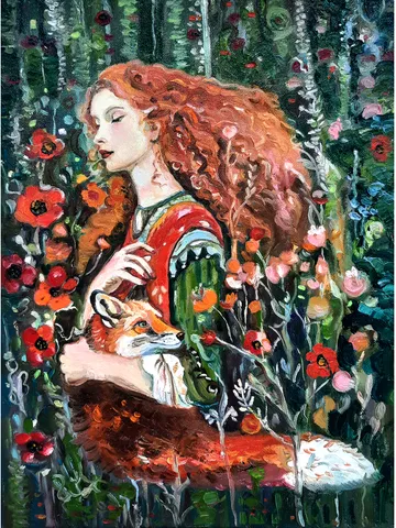 Girl with a fox Painting Original Oil Art 
Oil on Canvas 16 by12 inches $140.00