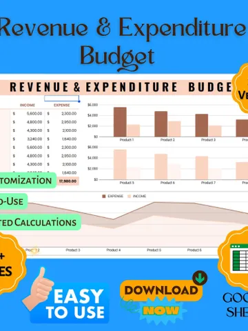 Revenue - Expenditure Budget Template, Income & Expense Tracker, Financial Planning Spreadsheet, Business Budget Planner $6.90