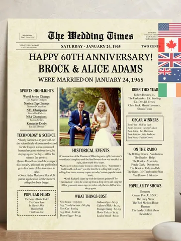 60th Wedding Anniversary Gift for Parents, 1965 Anniversary Newspaper Poster, 60th Anniversary Party Decor, Printable Digital File $15.00