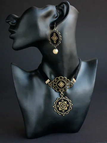 Handmade dark academia jewelry set Art Deco black velvet choker necklace with pendant and earrings Ukrainian seller $100.51
