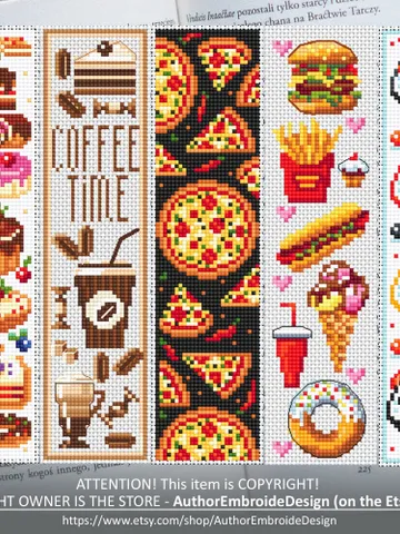 Food bookmark set cross stitch pattern PDF download Fast food cross stitch chart, Bookmark pattern digital PDF, Coffee time Desserts #B238 $17.45