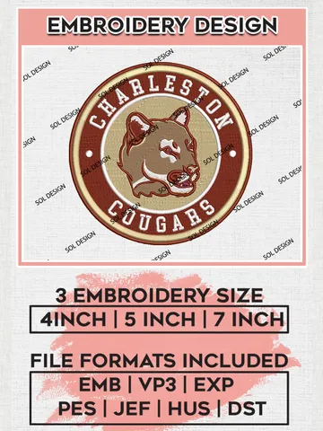 NCAA Charleston Cougars Round Logo Embroidery, NCAA Charleston Cougars Logo Embroidery files, NCAA Teams, Machine embroidery designs, Digital Download